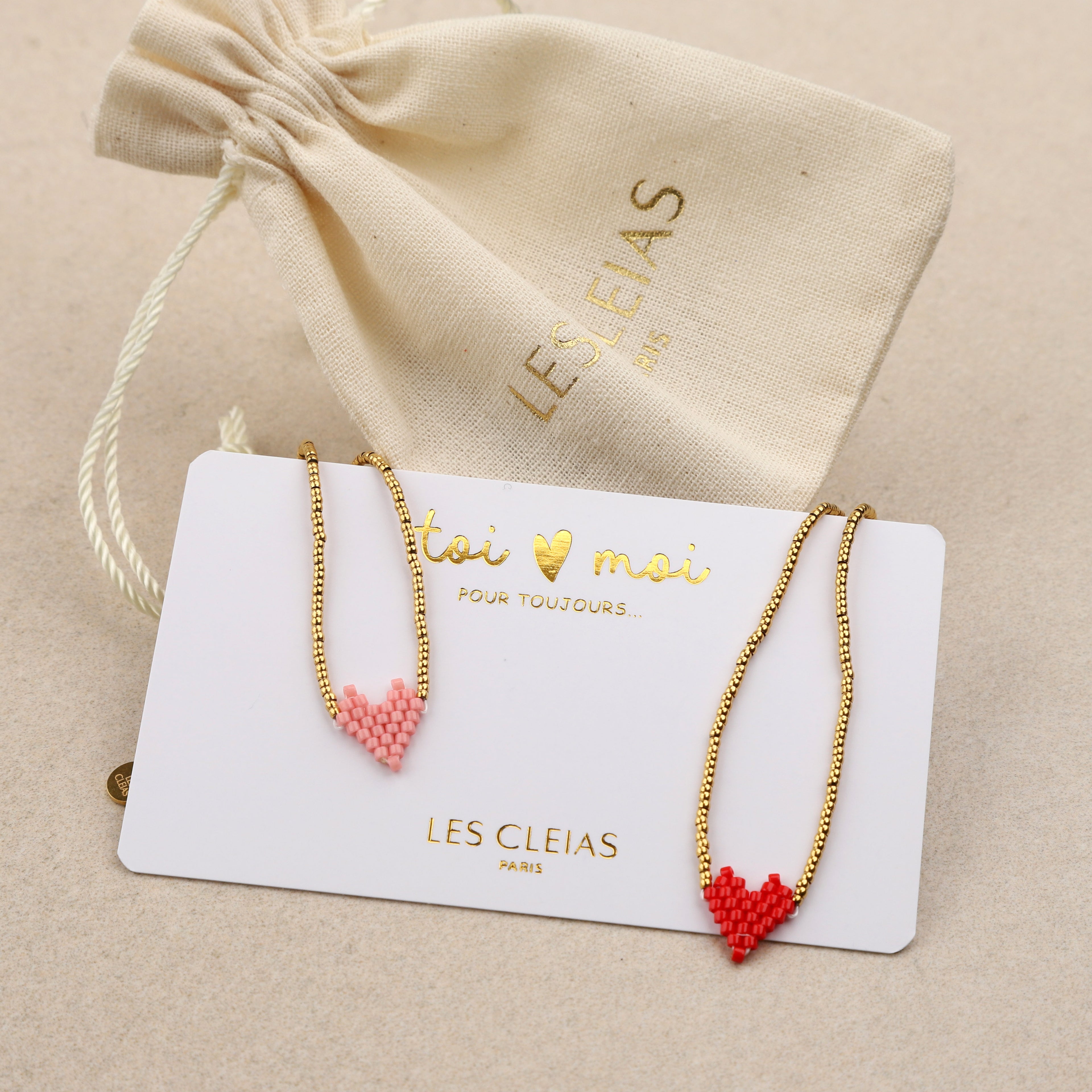 Duo Bracelet Cœur perlé Rose et Rouge